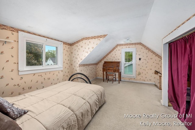 607 E Coffren St, Greenville, MI 48838 - carpeted bedroom featuring wallpapered walls and lofted ceiling