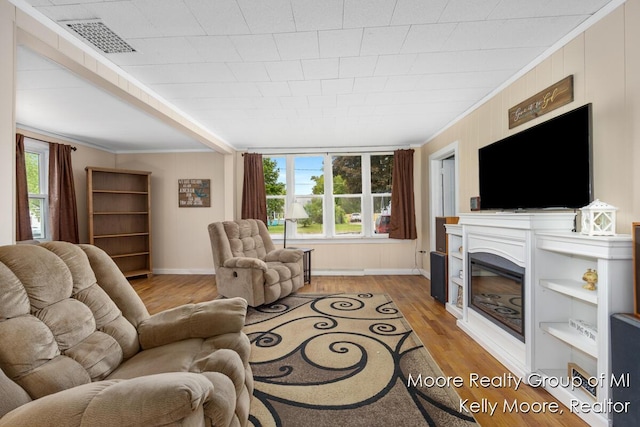 607 E Coffren St, Greenville, MI 48838 - living room with ornamental molding, light wood finished floors, a glass covered fireplace, and baseboards