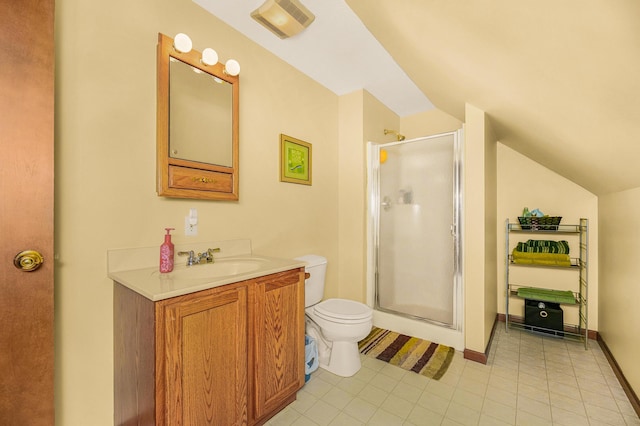 13881 Rivercrest Dr, White Pigeon, MI 49099 - full bathroom with toilet, a shower stall, vanity, vaulted ceiling, and tile patterned flooring