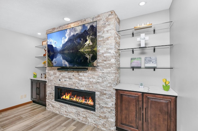 13881 Rivercrest Dr, White Pigeon, MI 49099 - living area featuring light wood-style flooring, a stone fireplace, baseboards, and recessed lighting