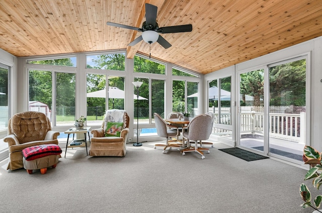 13881 Rivercrest Dr, White Pigeon, MI 49099 - sunroom / solarium featuring wood ceiling, lofted ceiling, carpet, and a ceiling fan