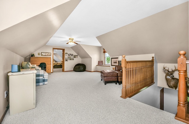13881 Rivercrest Dr, White Pigeon, MI 49099 - bedroom with carpet, vaulted ceiling, and ceiling fan