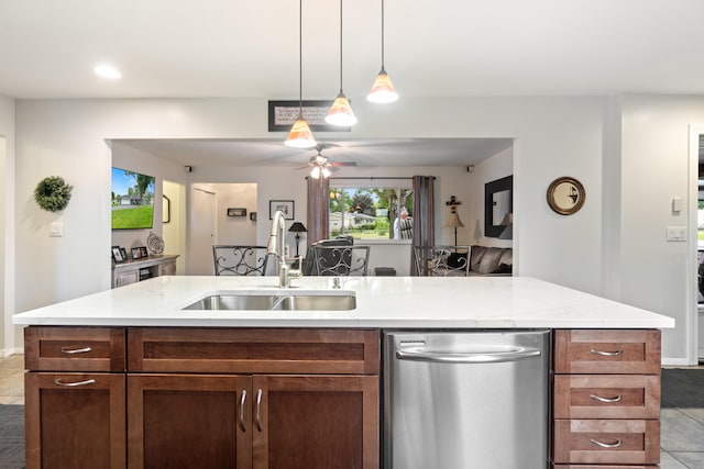 1403 Joseph St, Jackson, MI 49202 - kitchen featuring a sink, stainless steel dishwasher, light stone counters, tile patterned flooring, and recessed lighting