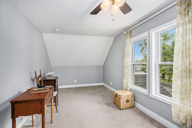10933 Portage Rd, Portage, MI 49002 - additional living space featuring a desk, lofted ceiling, carpet floors, a ceiling fan, and baseboards