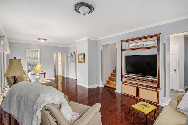 10933 Portage Rd, Portage, MI 49002 - living area featuring wood finished floors, ornamental molding, baseboards, and stairs