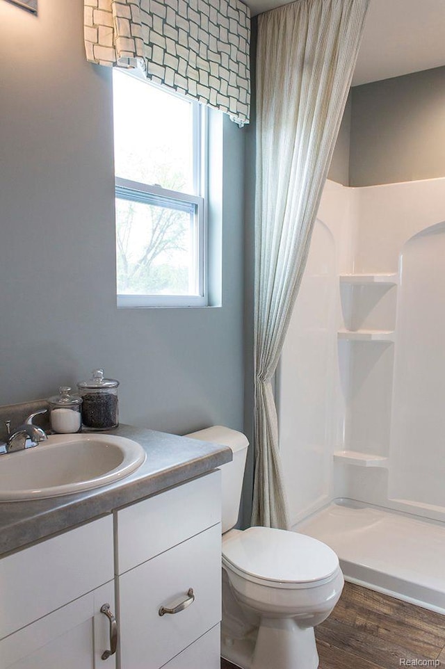 58182 Pembrooke Ave, New Haven, MI 48048 - bathroom featuring vanity, toilet, a shower with curtain, and wood finished floors
