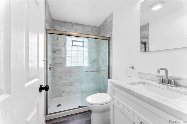 16355 Windermere Cir, Romulus, MI 48195 - bathroom featuring toilet, a stall shower, vanity, and wood finished floors
