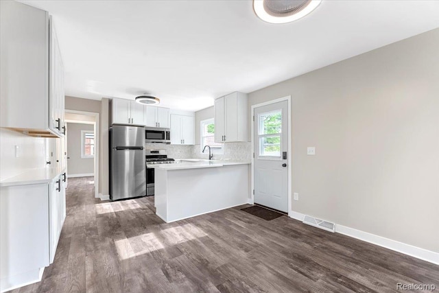 16355 Windermere Cir, Romulus, MI 48195 - kitchen with stainless steel appliances, dark wood finished floors, a peninsula, and light countertops