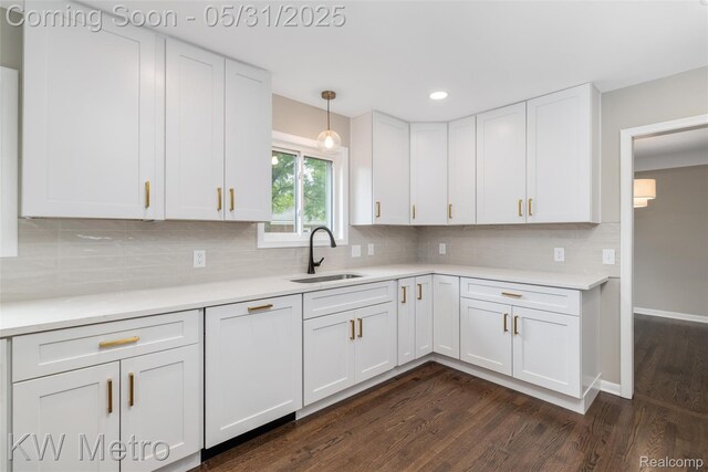 1607 Yorktown St, Grosse Pointe Farms, MI 48236 - kitchen featuring a sink, dark wood finished floors, white cabinetry, light countertops, and backsplash