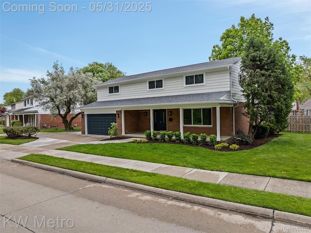 1607 Yorktown St, Grosse Pointe Farms, MI 48236 - traditional-style house featuring an attached garage, brick siding, driveway, covered porch, and roof with shingles