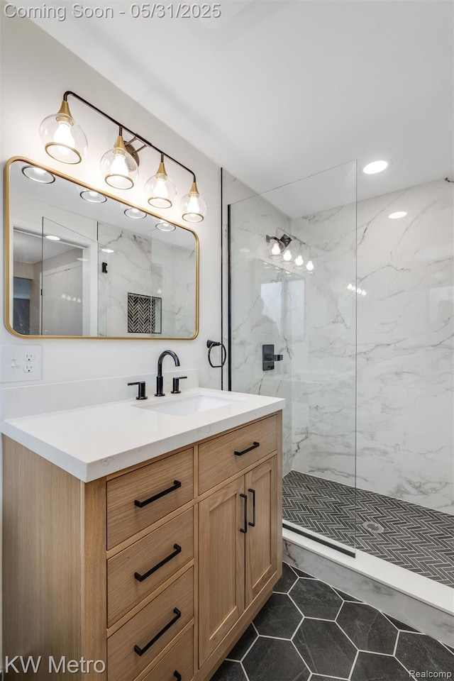 1607 Yorktown St, Grosse Pointe Farms, MI 48236 - full bath featuring vanity, a marble finish shower, and tile patterned floors