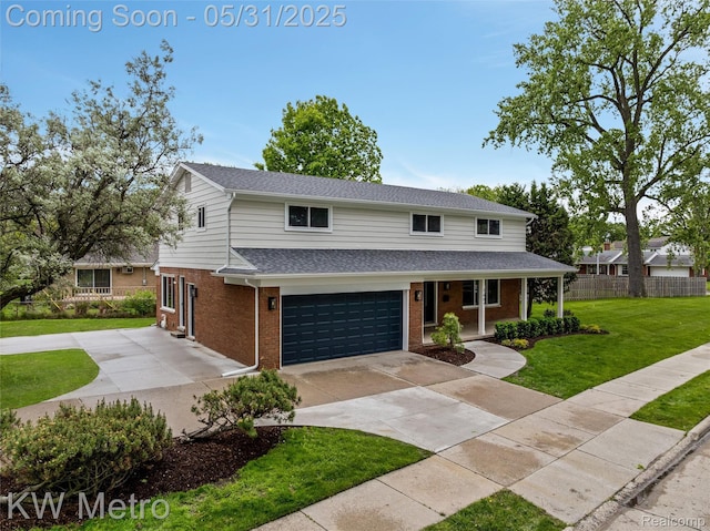 1607 Yorktown St, Grosse Pointe Farms, MI 48236 - traditional-style home with a garage, brick siding, concrete driveway, roof with shingles, and a porch