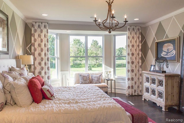 14268 Durant St, Fenton, MI 48451 - bedroom with crown molding, a chandelier, a decorative wall, multiple windows, and dark wood-style floors