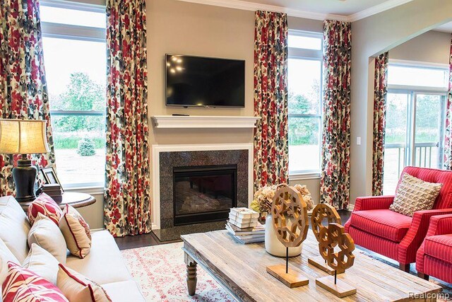 14268 Durant St, Fenton, MI 48451 - living area with ornamental molding, wood finished floors, a glass covered fireplace, baseboards, and arched walkways