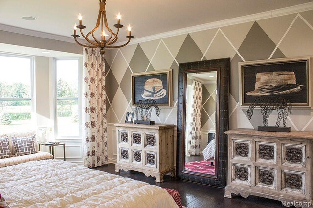 14268 Durant St, Fenton, MI 48451 - bedroom featuring a chandelier, ornamental molding, dark wood-style flooring, and wallpapered walls