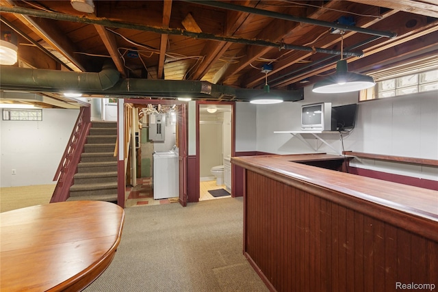 630 Symes Ave, Royal Oak, MI 48067 - below grade area with washer / clothes dryer, a dry bar, electric panel, stairway, and light carpet