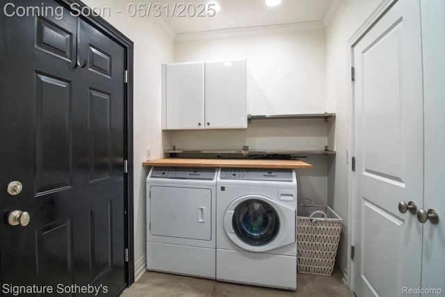 3171 E Breckenridge Ln, Bloomfield Hills, MI 48301 - laundry area with washer and clothes dryer, ornamental molding, cabinet space, and baseboards
