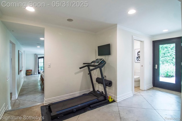3171 E Breckenridge Ln, Bloomfield Hills, MI 48301 - workout area featuring baseboards, crown molding, tile patterned floors, and recessed lighting