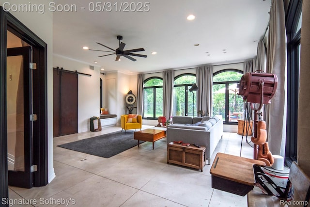 3171 E Breckenridge Ln, Bloomfield Hills, MI 48301 - living room featuring a barn door, recessed lighting, and a ceiling fan