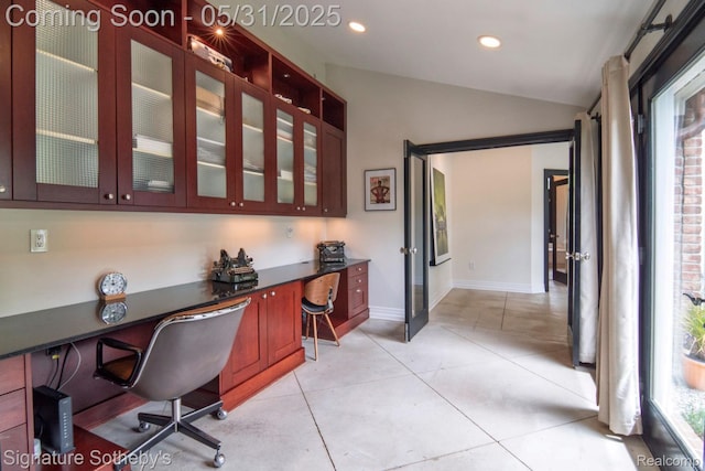 3171 E Breckenridge Ln, Bloomfield Hills, MI 48301 - office area featuring built in study area, lofted ceiling, light tile patterned flooring, recessed lighting, and baseboards