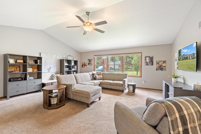 617 Ramsey Ln, Pleasant Lake, MI 49272 - carpeted living area with vaulted ceiling, a ceiling fan, and baseboards