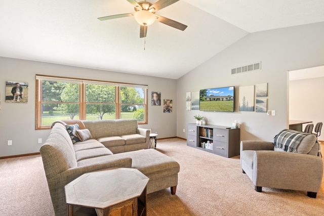 617 Ramsey Ln, Pleasant Lake, MI 49272 - living area featuring light carpet, ceiling fan, baseboards, and high vaulted ceiling