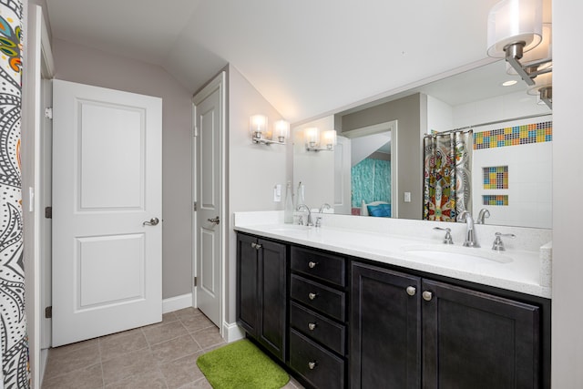 4034 Glacier Lake Ct, Dexter, MI 48130 - full bathroom featuring double vanity, tile patterned flooring, baseboards, lofted ceiling, and curtained shower