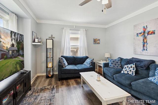 4542 Pinehurst Ave SW, Grand Rapids, MI 49548 - living room featuring dark wood finished floors, a ceiling fan, baseboards, and crown molding