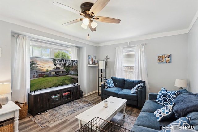 4542 Pinehurst Ave SW, Grand Rapids, MI 49548 - living room with ceiling fan, wood finished floors, and crown molding
