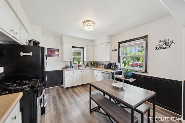 4542 Pinehurst Ave SW, Grand Rapids, MI 49548 - kitchen with stainless steel appliances, a wainscoted wall, plenty of natural light, white cabinetry, and light countertops