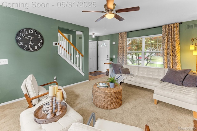 21106 Collingham Ave, Farmington Hills, MI 48336 - carpeted living area featuring stairway, a ceiling fan, and baseboards