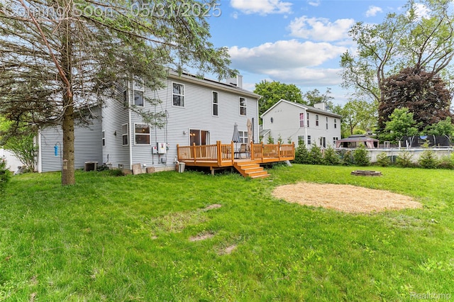 21106 Collingham Ave, Farmington Hills, MI 48336 - rear view of property with a fire pit, a deck, a lawn, a chimney, and central air condition unit