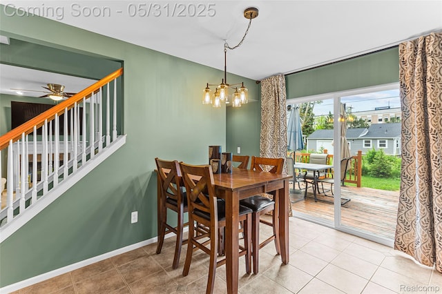 21106 Collingham Ave, Farmington Hills, MI 48336 - dining space featuring baseboards, a chandelier, light tile patterned floors, stairway, and a ceiling fan