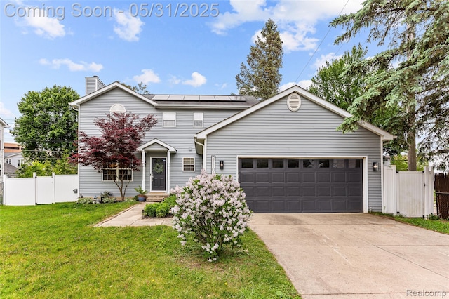21106 Collingham Ave, Farmington Hills, MI 48336 - traditional home featuring a garage, solar panels, concrete driveway, a chimney, and a gate
