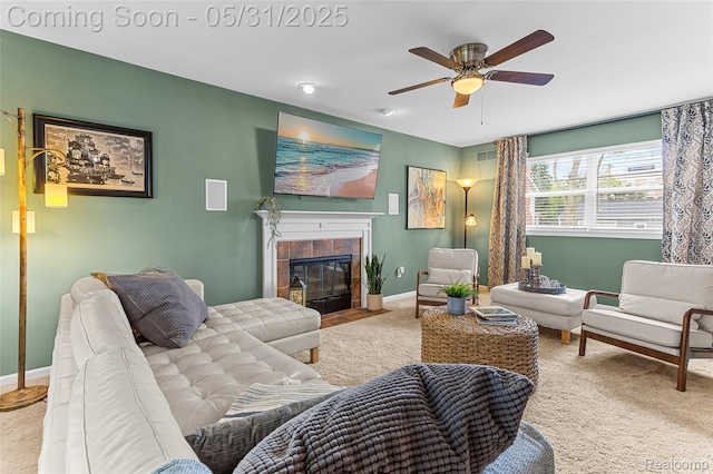 21106 Collingham Ave, Farmington Hills, MI 48336 - carpeted living room featuring baseboards, a ceiling fan, and a fireplace