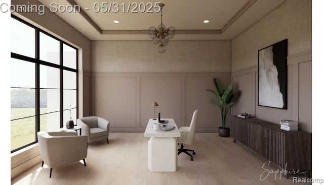 2717 Turtle Shores Dr, Bloomfield Hills, MI 48302 - office featuring a decorative wall, healthy amount of natural light, light wood-type flooring, a tray ceiling, and a chandelier