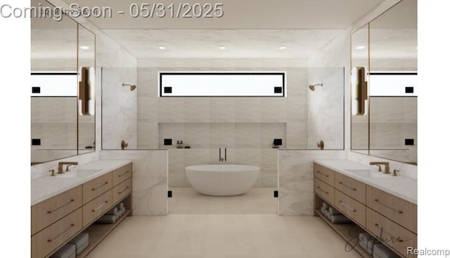 2717 Turtle Shores Dr, Bloomfield Hills, MI 48302 - bathroom featuring a soaking tub, two vanities, and tile walls