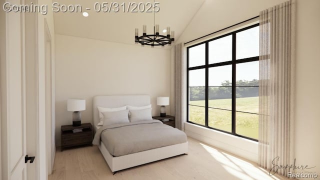 2717 Turtle Shores Dr, Bloomfield Hills, MI 48302 - bedroom with light wood finished floors, lofted ceiling, and a chandelier