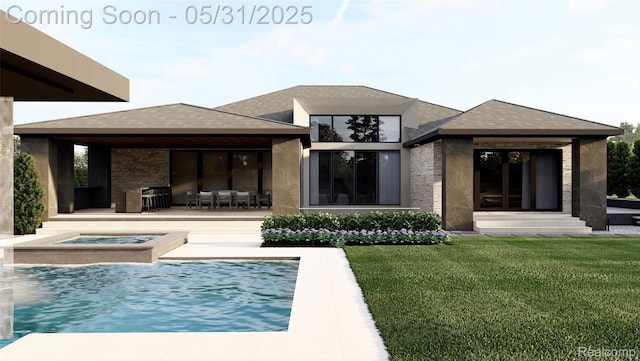 2717 Turtle Shores Dr, Bloomfield Hills, MI 48302 - back of house with an in-ground hot tub, a yard, stone siding, a patio, and an outdoor pool