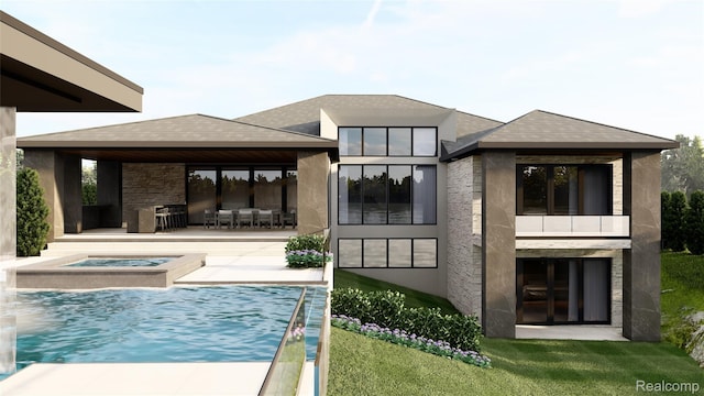 2717 Turtle Shores Dr, Bloomfield Hills, MI 48302 - back of property with a patio, an in-ground hot tub, stone siding, an outdoor pool, and roof with shingles