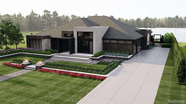 2717 Turtle Shores Dr, Bloomfield Hills, MI 48302 - view of front of house featuring a front lawn, a water view, stone siding, and stucco siding