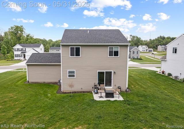342 Lotz Ct, Wayland, MI 49348 - back of house with a yard, a patio area, a residential view, central AC unit, and a shingled roof