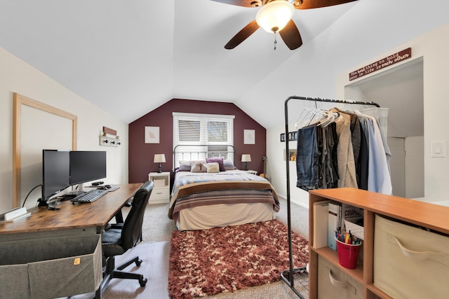 3822 Polk St, Dearborn, MI 48124 - bedroom with carpet flooring, a desk, vaulted ceiling, and a ceiling fan