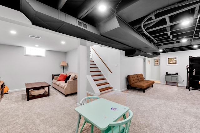 3822 Polk St, Dearborn, MI 48124 - living room featuring carpet floors, stairway, baseboards, and recessed lighting