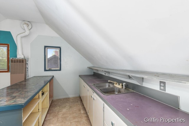 331 Carlton Ave SE, Grand Rapids, MI 49506 - kitchen featuring a sink, dark countertops, lofted ceiling, and healthy amount of natural light