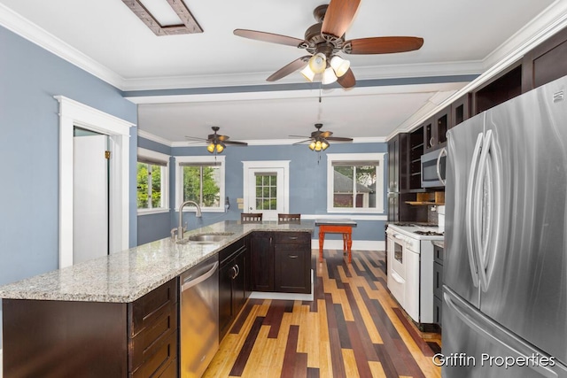 331 Carlton Ave SE, Grand Rapids, MI 49506 - kitchen with appliances with stainless steel finishes, a sink, light wood-type flooring, dark brown cabinetry, and ornamental molding
