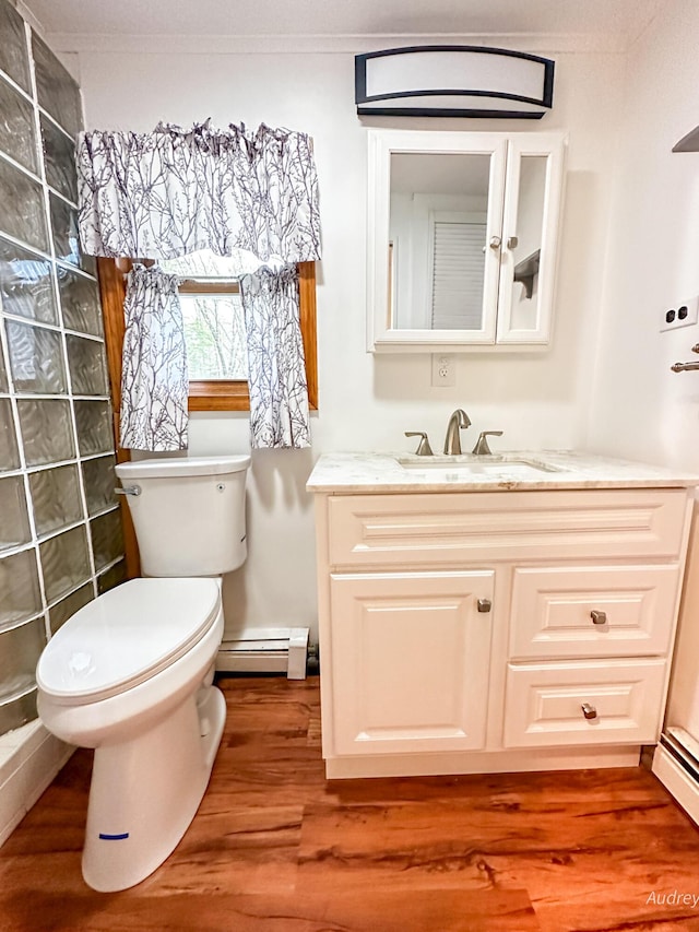 4307 N Mac Rd, Irons, MI 49644 - full bathroom with a baseboard heating unit, vanity, wood finished floors, and a tile shower