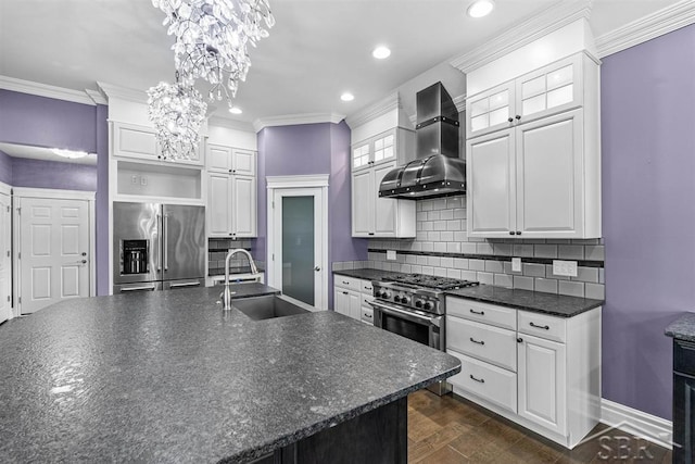 10399 Webster Rd, Freeland, MI 48623 - kitchen featuring wall chimney range hood, a sink, appliances with stainless steel finishes, dark countertops, and open shelves