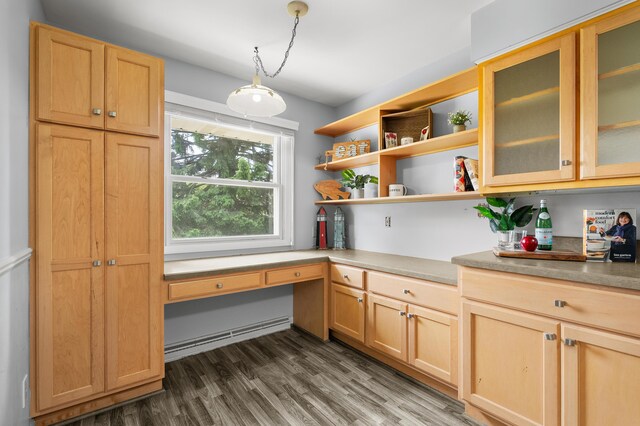 313 W Kilgore Rd, Portage, MI 49002 - kitchen with open shelves, dark wood-style floors, light brown cabinetry, and glass insert cabinets