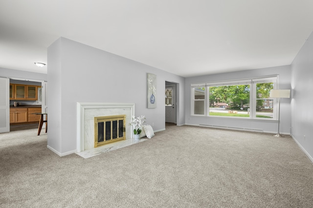 313 W Kilgore Rd, Portage, MI 49002 - unfurnished living room featuring a baseboard radiator, carpet flooring, baseboards, and a fireplace